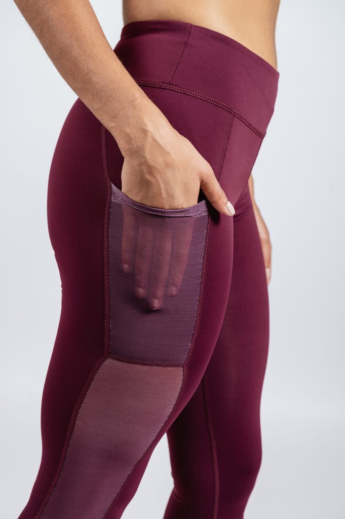Solid Color 3 Inch High Waisted Burgundy Color Leggings with Side Dots and  Mesh Pockets - Its All Leggings
